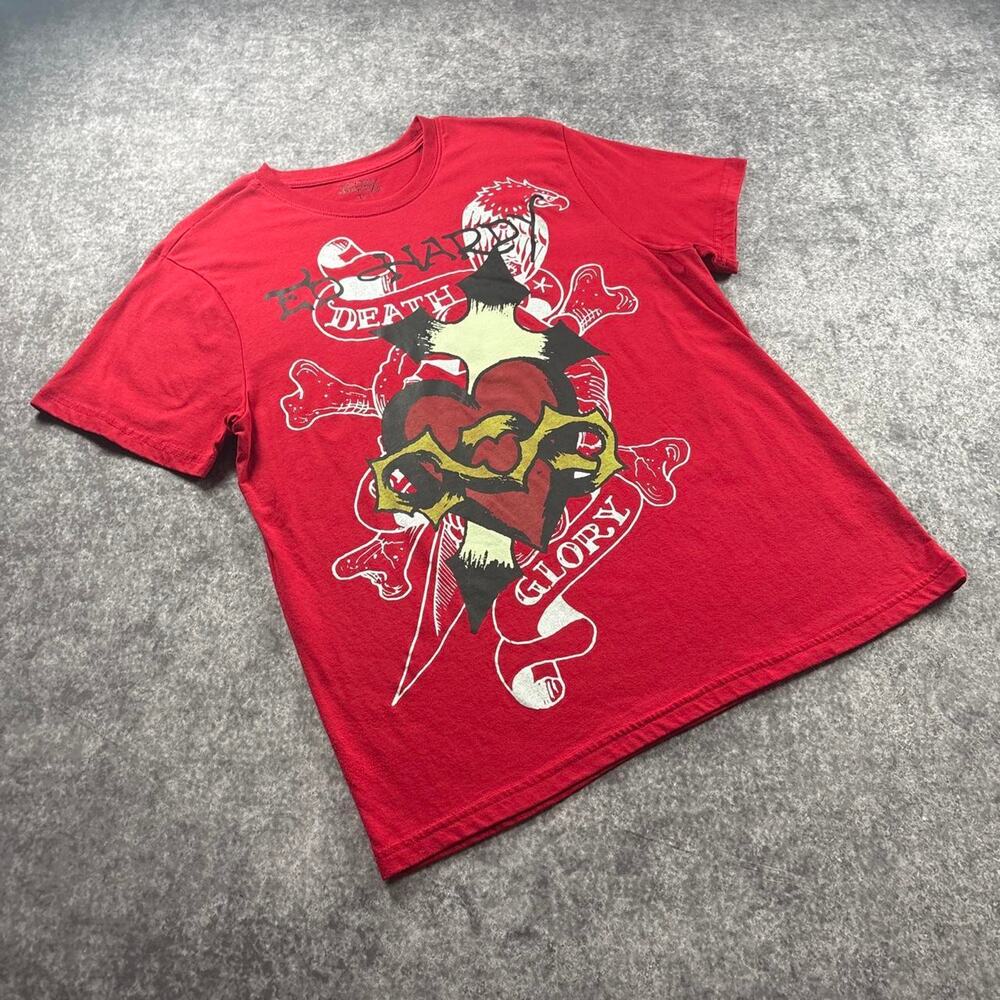 Ed Hardy Men’s Large Red Death Glory Graphic T-Shirt Y2K Tattoo Streetwear
